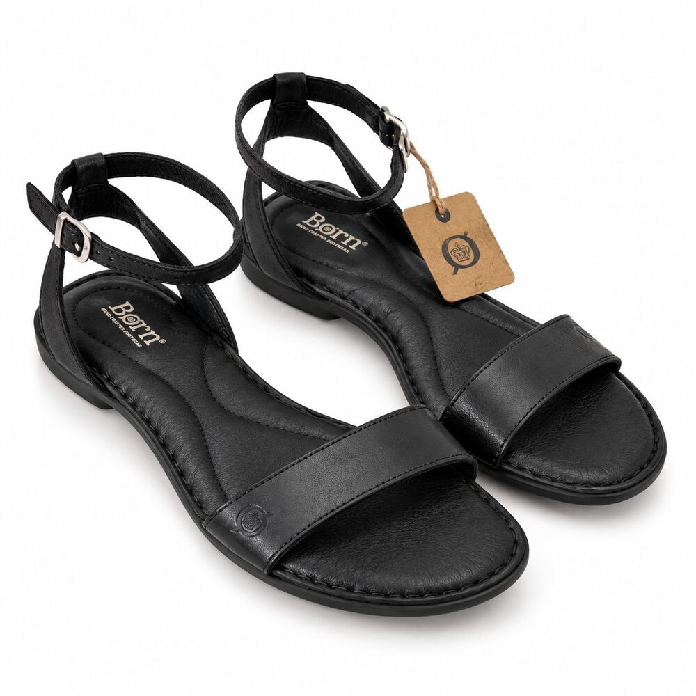 NWT Born Stephane Leather Sandals Ankle Strap Flat Comfort Women 8M Black Shoe